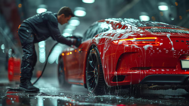 Drive Klean technician performing a doorstep deluxe car wash
